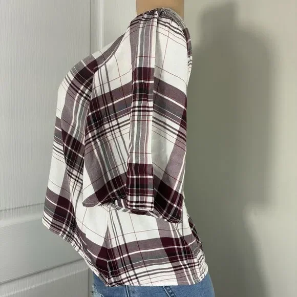 Copper Key womens top Sz L cold shoulder plaid short sleeve blouse boho - Picture 2 of 8